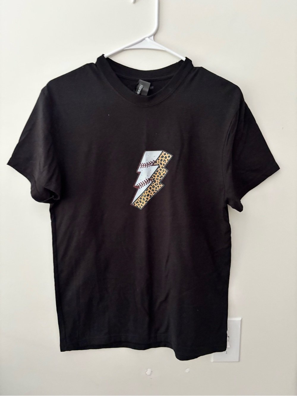Men's Black Graphic Crewneck T-Shirt with Leopard Lightning Patch